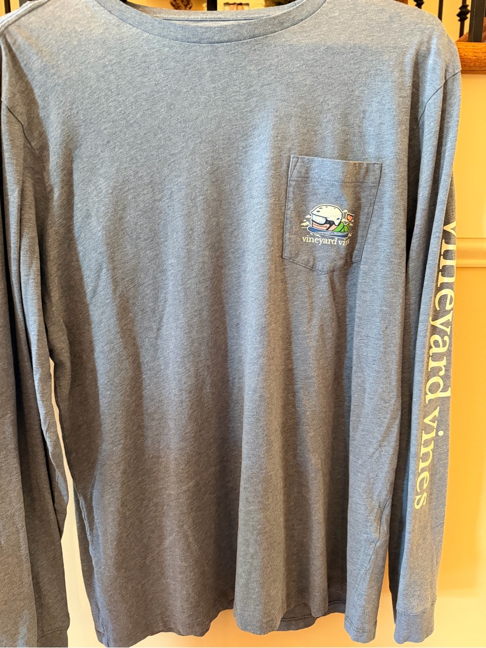Vineyard Vines Heather Blue Long-Sleeve Pocket Tee with Sleeve Logo